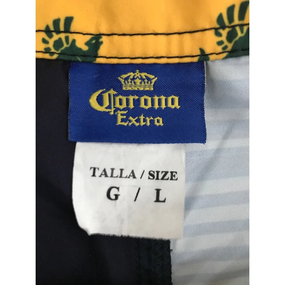 Corona Mens Board Shorts Blue Spellout Swim Beer Drawstring Pocket Sz L Flaw